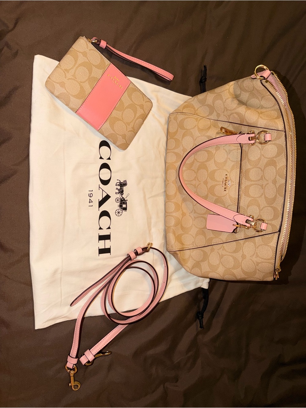 Coach Beige Signature Satchel with Pink Accents